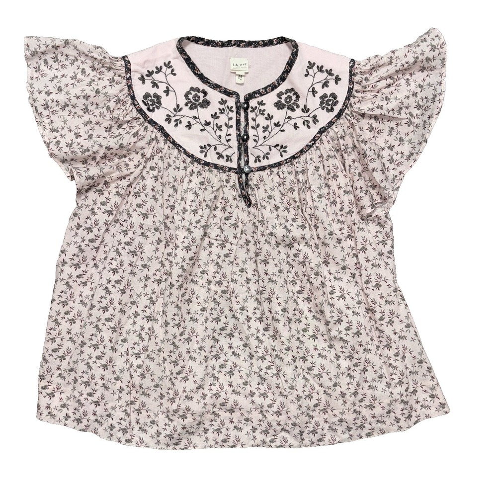 La Vie Rebecca Taylor Pink Floral Ruffle Blouse Top Cottage Boho Women's Medium